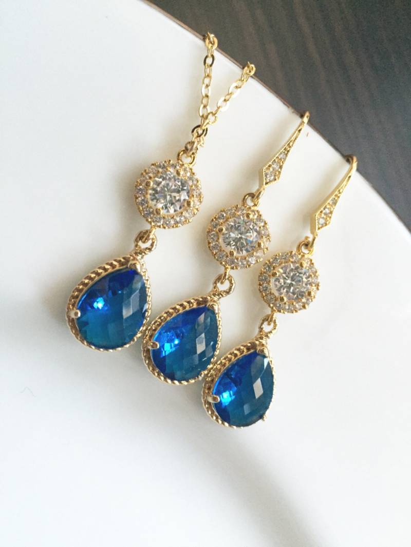 Saphir Blau Braut Brautjungfer Schmuck-Set, Halskette Set, Gold Schmuck, Hochzeit Und Ohrringe Saphir Blau Braut Brautjungfer Schmuck-Set, Halskette Set, Gold Schmuck, Hochzeit Und Ohrringe von elegantjewelry12