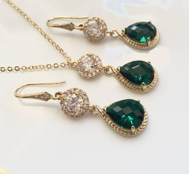 Smaragdgrünes Schmuckset, Smaragdgrüne Halskette Und Ohrringe Set, Braut Oder Brautjungfer Schmuck Dunkelgrüne Halskette, Grüne Kristall Halskette von elegantjewelry12