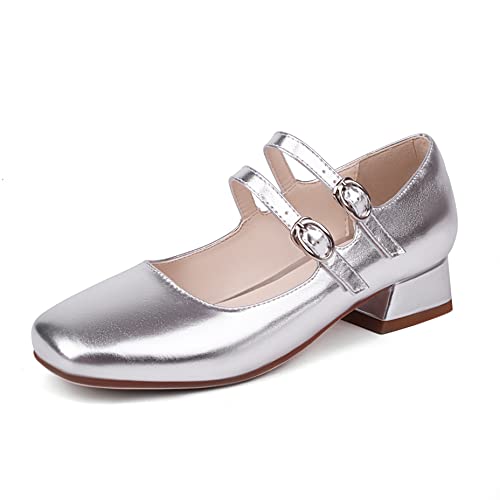 Elerhythm Damen Mary Jane Quadratische geschlossene Zehenpartie lässig mit Doppelknöchelriemen elegante flache flache klobige Blockabsatz elegante weiche süße Schuhe, silber, 40.5 EU von elerhythm