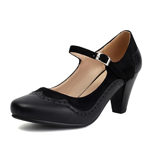 Elerhythm Mary Jane Damen Klassische und Retro 1920er Jahre Pumps Heels Gatsby Oxford Muster 1950er Pinup Vintage Runde Geschlossene Zehe 1940er Knöchelriemen Kleid Schuhe, Schwarz, 38.5 EU von elerhythm