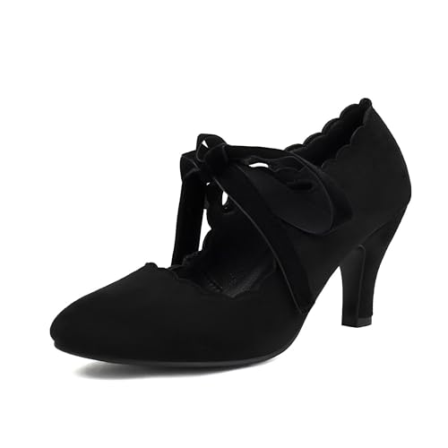 Elerhythm Mary Jane Vintage Lace Up Teardrop Cut Out Close Round Toe 1920s Gatsby Heels Retro 1950er Viktorianische Pumps Wildleder Schuhe, Schwarz, 41 EU von elerhythm