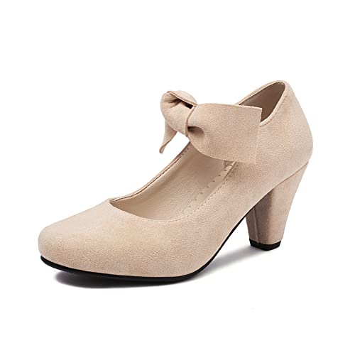 elerhythm Damen Bowknot Mary Jane Bow Retro Heels 1950er Vintage Faux Wildleder Geschlossene Runde Zehenpumpen 1920er Jahre Gatsby Büro Bequeme Bowtie Dressy Schuhe (Nackt EU38) von elerhythm