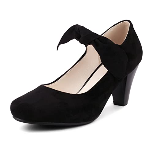 elerhythm Damen Bowknot Mary Jane Bow Retro Heels 1950er Vintage Faux Wildleder Geschlossene Runde Zehenpumpen 1920er Jahre Gatsby Büro Bequeme Bowtie Dressy Schuhe (Schwarz EU41) von elerhythm