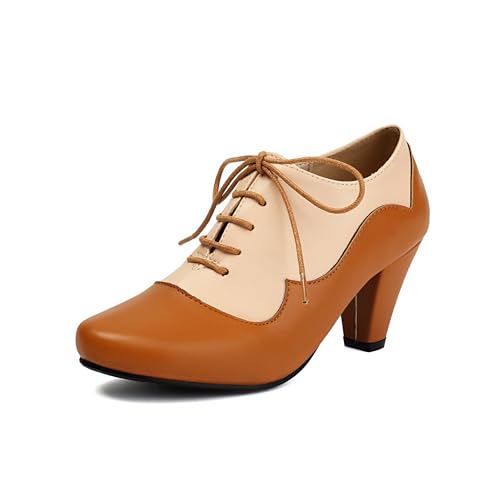 elerhythm Damen Mary Jane 1920er Pump Heels Oxford Classic und Retro Lace Up Two Tones 1950er Vintage Runde geschlossene Zehe 1940er Jahre Schuhe (Braun EU37) von elerhythm