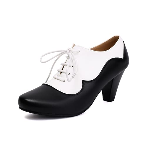 elerhythm Damen Mary Jane 1920er Pump Heels Oxford Classic und Retro Lace Up Two Tones 1950er Vintage Runde geschlossene Zehe 1940er Jahre Schuhe (Schwarz EU39) von elerhythm