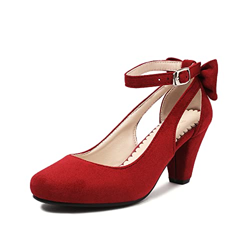 elerhythm Damen Mary Jane Bow Closed Toe Vintage Pumps Heels Gatsby Victorian 1920er Jahre Faux Wildleder Schuhe (Rot EU37) von elerhythm