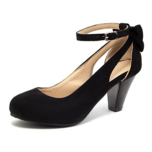 elerhythm Damen Mary Jane Bow Closed Toe Vintage Pumps Heels Gatsby Victorian 1920er Jahre Faux Wildleder Schuhee (Schwarz EU38) von elerhythm