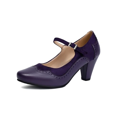 elerhythm Damen Mary Jane Classic und Retro 1920er Jahre Pump Heels Gatsby Oxford Muster 1950er Pinup Vintage Runde geschlossene Zehe 1940er Jahre Knöchelriemen Kleid Schuhe (Lila EU37) von elerhythm