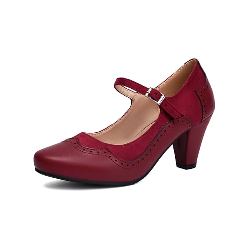 elerhythm Damen Mary Jane Classic und Retro 1920er Jahre Pump Heels Gatsby Oxford Muster 1950er Pinup Vintage Runde geschlossene Zehe 1940er Jahre Knöchelriemen Kleid Schuhe (Rot EU38) von elerhythm