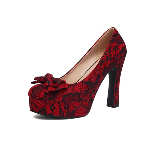 elerhythm Damen Mary Jane Closed Toe Elegantes Gothic Spitze Pumps Sweet Bow Plattform High Heels Schuhe (Rot EU38) von elerhythm
