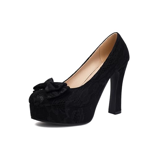 elerhythm Damen Mary Jane Closed Toe Elegantes Gothic Spitze Pumps Sweet Bow Plattform High Heels Schuhe (Schwarz EU39) von elerhythm