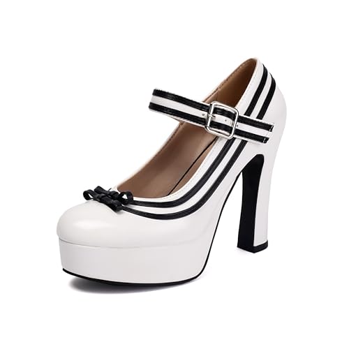 elerhythm Damen Mary Jane Closed Toe Knöchelriemen Elegante Pumps Sweet Bow Plattform Lackleder High Heels Schuhe (Weiß EU41) von elerhythm