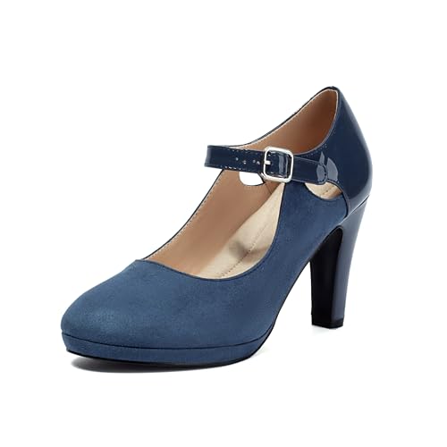 elerhythm Damen Mary Jane Heels Retro Closed Toe Pumps Knöchel Pierced Strappy Wildleder Chic Vintage Gatsby Schuhe (Blue EU37) von elerhythm