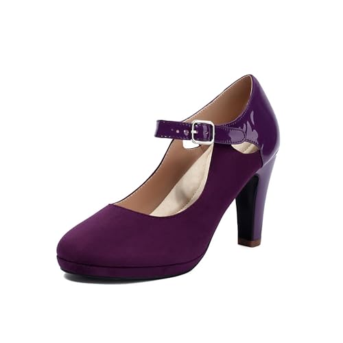 elerhythm Damen Mary Jane Heels Retro Closed Toe Pumps Knöchel Pierced Strappy Wildleder Chic Vintage Gatsby Schuhe (Purple EU41) von elerhythm