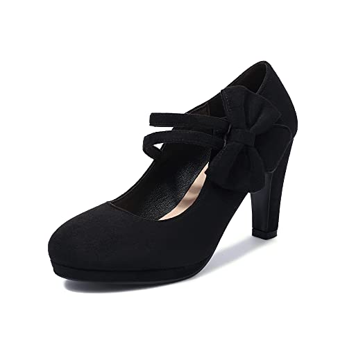 elerhythm Damen Mary Jane Heels mit Schleife Retro Geschlossene Runde Zehe Pumps Wildleder Chic Fliege Vintage Gatsby Schuhe (Black EU37) von elerhythm
