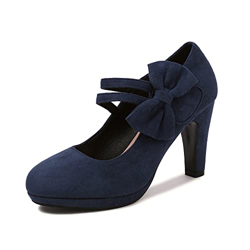 elerhythm Damen Mary Jane Heels mit Schleife Retro Geschlossene Runde Zehe Pumps Wildleder Chic Fliege Vintage Gatsby Schuhe (Blue EU38) von elerhythm