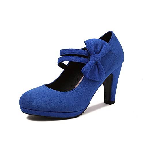 elerhythm Damen Mary Jane Heels mit Schleife Retro Geschlossene Runde Zehe Pumps Wildleder Chic Fliege Vintage Gatsby Schuhe (Blue EU41) von elerhythm