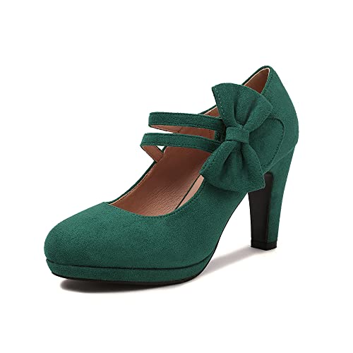 elerhythm Damen Mary Jane Heels mit Schleife Retro Geschlossene Runde Zehe Pumps Wildleder Chic Fliege Vintage Gatsby Schuhe (Green EU37) von elerhythm