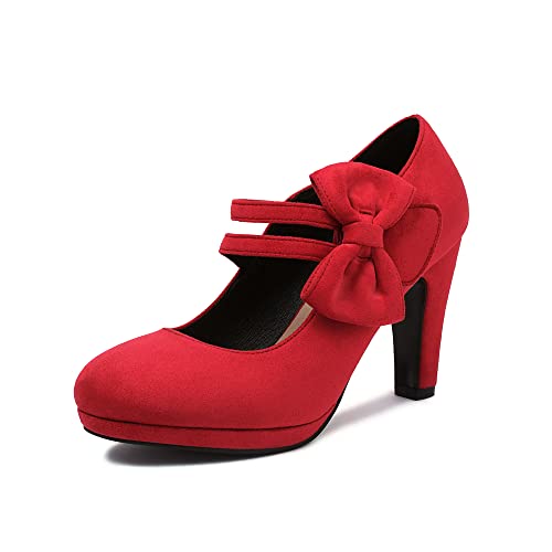 elerhythm Damen Mary Jane Heels mit Schleife Retro Geschlossene Runde Zehe Pumps Wildleder Chic Fliege Vintage Gatsby Schuhe (RED EU40) von elerhythm