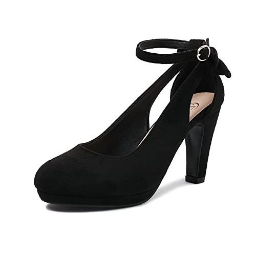 elerhythm Damen Mary Jane Heels mit Schleife Retro Geschlossene Runde Zehe Wildleder Knöchelriemen Pumps Gatsby Vintage Schuhe (Black EU39) von elerhythm