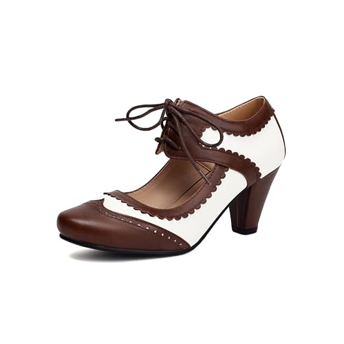 elerhythm Damen Mary Jane Lace Up Geschlossene Runde Zehe Vintage Heels Gatsby 1950er Pumps 1920er Jahre viktorianische 1940er Jahre Retro Schuhe (Braun EU37) von elerhythm