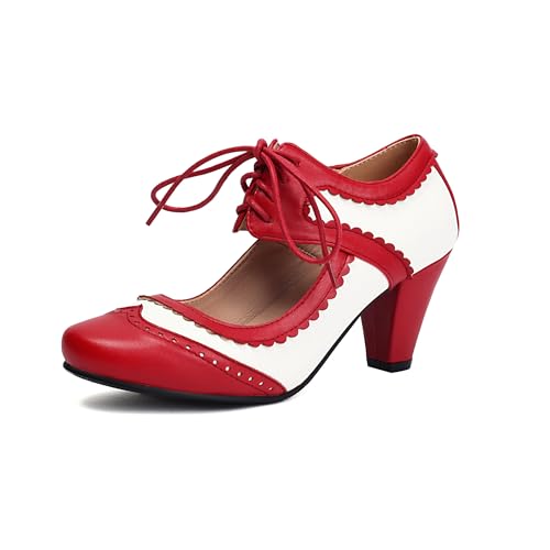 elerhythm Damen Mary Jane Lace Up Geschlossene Runde Zehe Vintage Heels Gatsby 1950er Pumps 1920er Jahre viktorianische 1940er Jahre Retro Schuhe (Rot EU41) von elerhythm