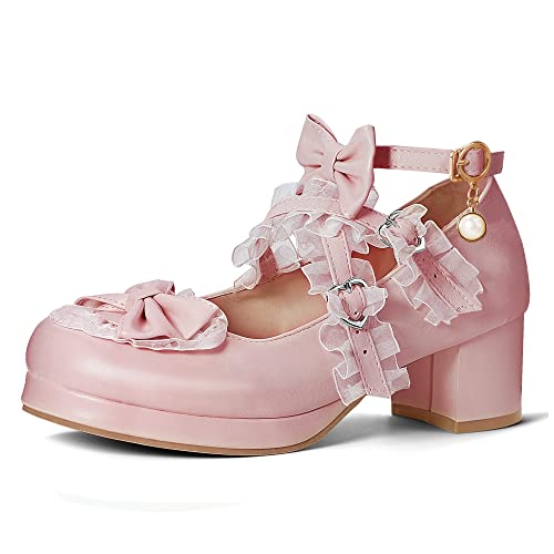 elerhythm Damen Mary Jane Plattform Chunky Block Heels Nettes Cosplay Kawaii Bow Lace Kleider Gekreuzt Runde Zehe Knöchelriemen Schuhe（Rosa EU38） von elerhythm