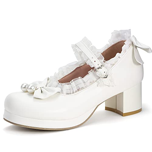 elerhythm Damen Mary Jane Plattform Kawaii Bow Pearl Chunky Ankle Strap Block Heels Spitze Nette Cosplay Kleider Runde Zehe Schuhe（Weiß EU41） von elerhythm
