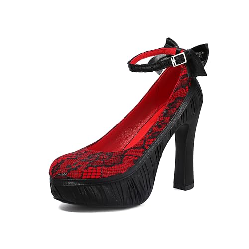 elerhythm Damen Mary Jane Punk Closed Toe Spitze Blume Elegantes Gothic Pumps Sweet Bow Plattform High Heels Schuhe (Rot EU37) von elerhythm