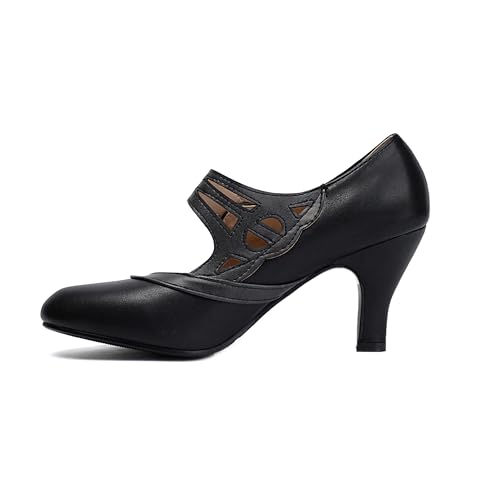 elerhythm Damen Mary Jane Rockability Close Runde Zehe Vintage 1950er Jahre Gatsby Heels Retro 1920er Jahre viktorianische Pumps Schuhe (Schwarz EU38) von elerhythm