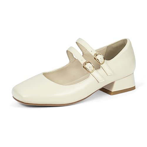 elerhythm Damen Mary Jane Square Closed Toe Casual mit doppeltem Knöchelriemen Flats Chunky Block Low Heel Schuhe (Elfenbein EU41) von elerhythm