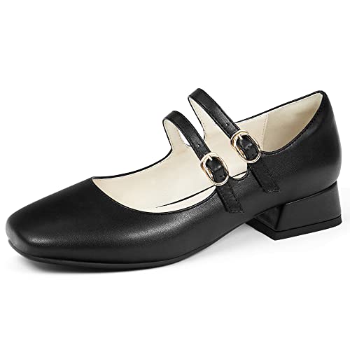 elerhythm Damen Mary Jane Square Closed Toe Casual mit doppeltem Knöchelriemen Flats Chunky Block Low Heel Schuhe (Schwarz EU38) von elerhythm
