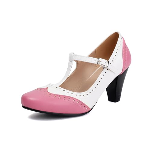 elerhythm Damen Mary Jane Two Tone Classic und Retro Oxford Wingtip 1920er Jahre Pump Heels 1950er Vintage Runde geschlossene Zehe 1940er Jahre Knöchelriemen Kleid Schuhe (Rosa EU40) von elerhythm