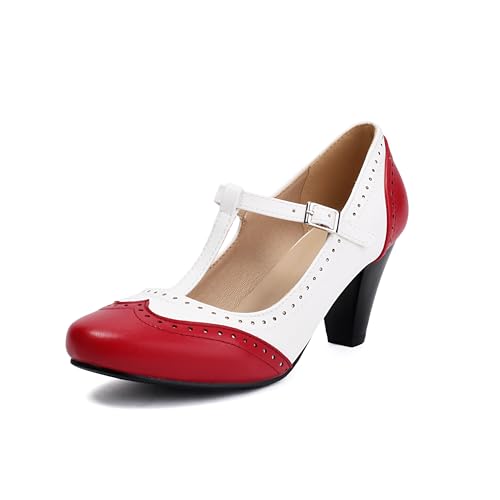 elerhythm Damen Mary Jane Two Tone Classic und Retro Oxford Wingtip 1920er Jahre Pump Heels 1950er Vintage Runde geschlossene Zehe 1940er Jahre Knöchelriemen Kleid Schuhe (Rot EU41) von elerhythm
