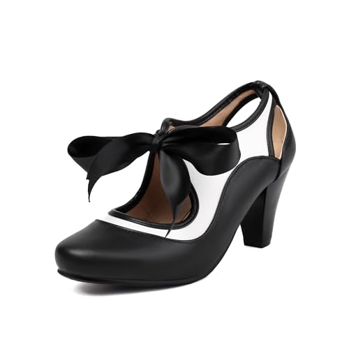 elerhythm Damen Mary Jane Two Tone Lace Up Geschlossene Runde Zehe Vintage Heels Gatsby 1950er Pumps 1920er Jahre viktorianische Retro Schuhe (Schwarz EU39) von elerhythm