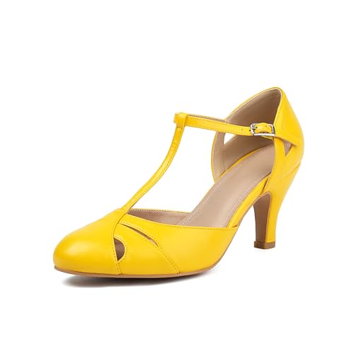 elerhythm Damen Mary Jane Vintage Knöchelriemen Geschlossen Runde Zehe Gatsby Heels Retro 1950er Pumps 1920er Jahre viktorianische Schuhe (Gelb EU38) von elerhythm