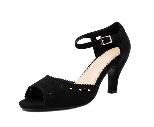 elerhythm Damen Mary Jane Vintage Knöchelriemen Wingtip Peep Toe Brogue Gatsby Heels Retro 1950er Pumps 1920er Jahre viktorianische Schuhe (Black EU41) von elerhythm