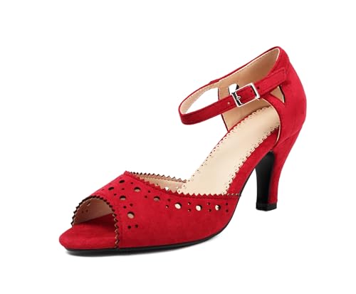 elerhythm Damen Mary Jane Vintage Knöchelriemen Wingtip Peep Toe Brogue Gatsby Heels Retro 1950er Pumps 1920er Jahre viktorianische Schuhe (RED EU41) von elerhythm