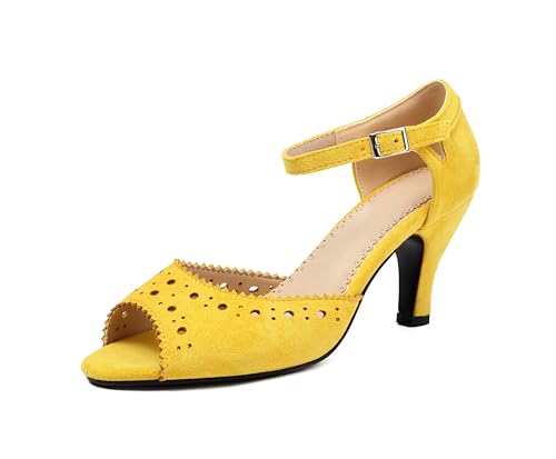 elerhythm Damen Mary Jane Vintage Knöchelriemen Wingtip Peep Toe Brogue Gatsby Heels Retro 1950er Pumps 1920er Jahre viktorianische Schuhe (Yellow EU38) von elerhythm