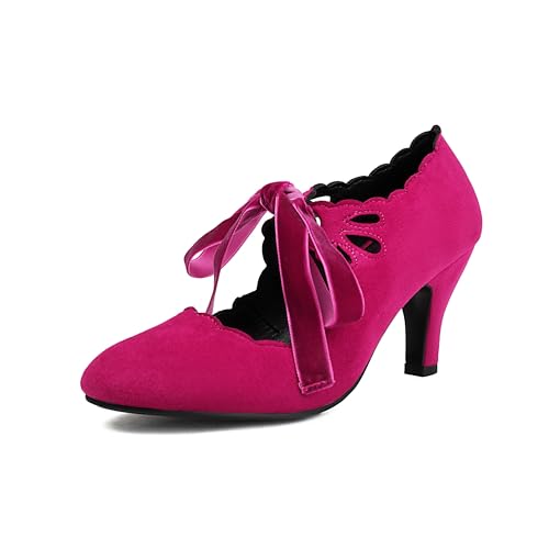 elerhythm Damen Mary Jane Vintage Lace Up Teardrop Cut Out Close Runde Zehe 1920er Jahre Gatsby Heels Retro 1950er Jahre viktorianische Pumps Wildleder Schuhe (RED EU39) von elerhythm