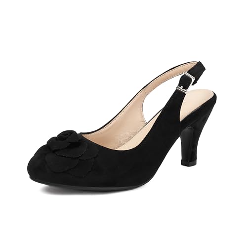 elerhythm Damen Mary Jane Vintage Slingback Verstellbare Riemen Blume Close Toe 1920er Jahre Gatsby Heels Retro 1950er Viktorianische Pumps Wildleder Schuhe (Black EU40) von elerhythm