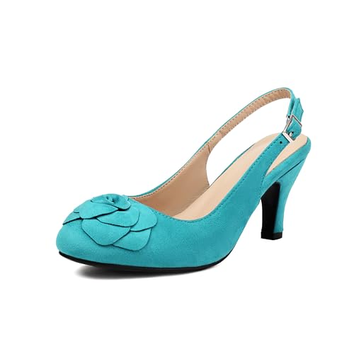 elerhythm Damen Mary Jane Vintage Slingback Verstellbare Riemen Blume Close Toe 1920er Jahre Gatsby Heels Retro 1950er Viktorianische Pumps Wildleder Schuhe (Turquoise EU40) von elerhythm