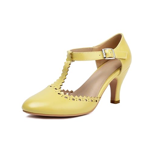 elerhythm Damen Mary Jane Wingtip Close Runde Zehe Vintage 1920er Jahre Gatsby Heels Retro 1950er viktorianische Pumps Schuhe (Yellow EU41) von elerhythm