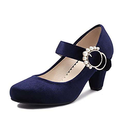 elerhythm Damen Mary Janes 1920er Jahre Retro Block Samt Heels Gatsby 1950er Vintage geschlossene runde Zehenpartie Perlenschnalle Knöchelriemen Pumps Schuhe (Blau EU38) von elerhythm