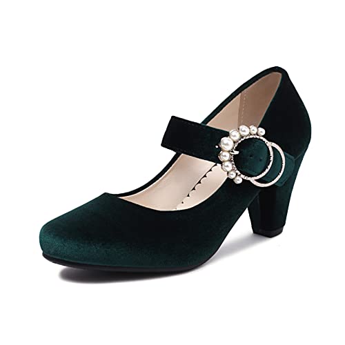 elerhythm Damen Mary Janes 1920er Jahre Retro Block Samt Heels Gatsby 1950er Vintage geschlossene runde Zehenpartie Perlenschnalle Knöchelriemen Pumps Schuhe (Grün EU38) von elerhythm