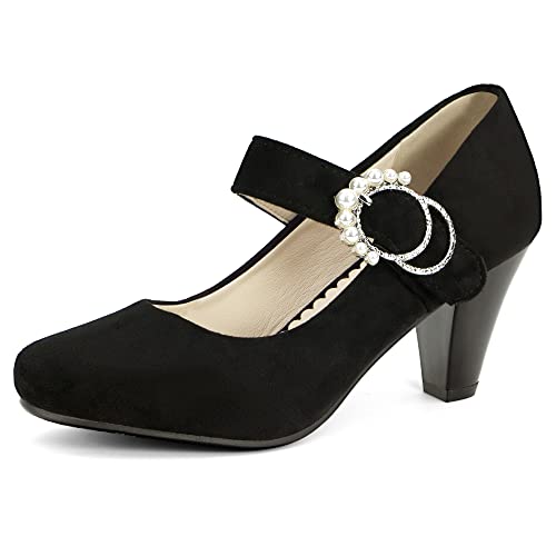 elerhythm Damen Mary Janes 1920er Jahre Retro Block Samt Heels Gatsby 1950er Vintage geschlossene runde Zehenpartie Perlenschnalle Knöchelriemen Pumps Schuhe (Schwarz EU38) von elerhythm