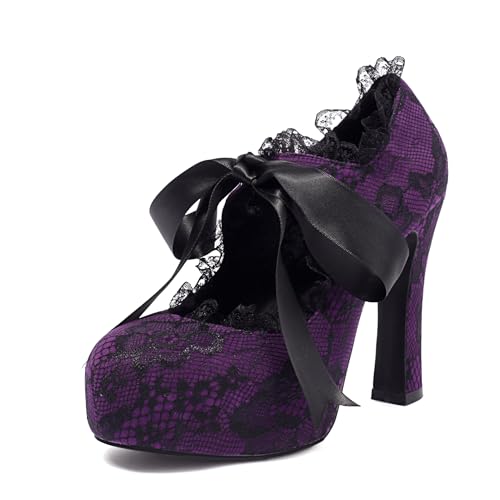 elerhythm Damen Spitze Blume Mary Jane Punk Closed Toe Kostüm Elegantes Gothic Pumps Vintage Plattform High Heels Schuhe (Purple EU41) von elerhythm