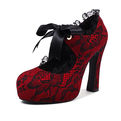 elerhythm Damen Spitze Blume Mary Jane Punk Closed Toe Kostüm Elegantes Gothic Pumps Vintage Plattform High Heels Schuhe (Rot EU40) von elerhythm