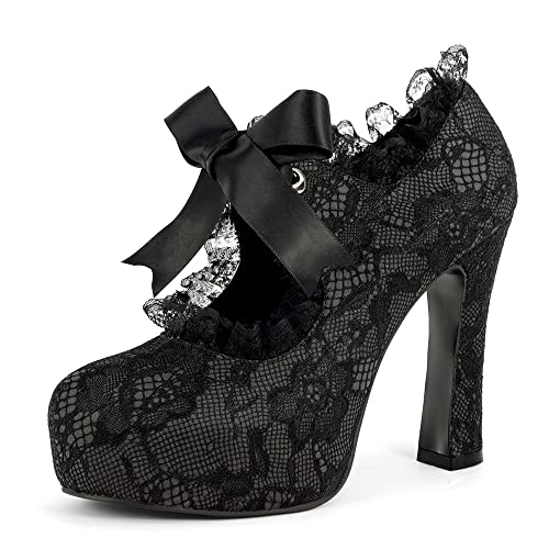 elerhythm Damen Spitze Blume Mary Jane Punk Closed Toe Kostüm Elegantes Gothic Pumps Vintage Plattform High Heels Schuhe (Schwarz EU40) von elerhythm