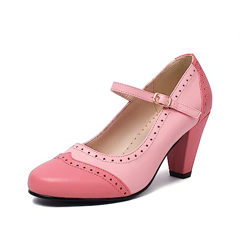 elerhythm Damen Two Tone Mary Jane Classic und Retro 1920er Jahre Pump Heels Gatsby Oxford Muster 1950er Vintage Runde geschlossene Zehe Knöchelriemen Kleid Schuhe (Rosa EU39) von elerhythm